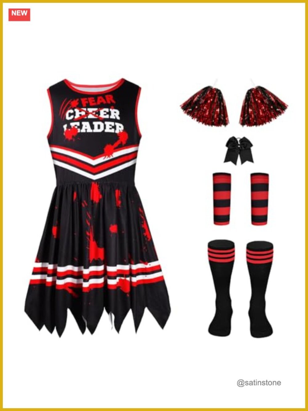 Girls Zombie Cheerleader Costume Set Dress Socks Pom Poms Halloween